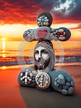 Sculpture of Jesus Christ made of pebbles at the beacj at sunset, asking for peace stop war concept