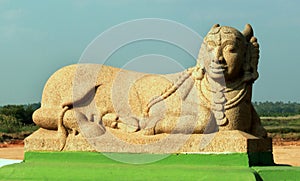 The sculpture of kamadenu situated in the The Grand Kallanai.