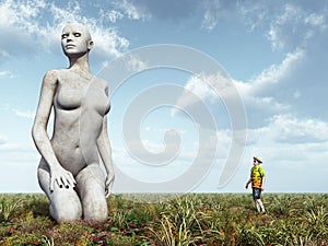 Sculpture of a kneeling woman and observer