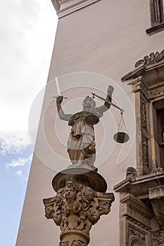 Sculpture of Lady Justice Justitia from 1591 at the old town of Goerlitz