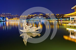 The sculpture in lake at night