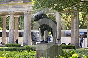 Sculpture of a lion in front of the Colonnaded courtyard on the Museum Island.