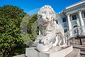 Sculpture of lion in front of Yelagin Palace, St Petersburg, Russia