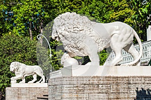 Sculpture of lion in front of Yelagin Palace, St Petersburg, Russia