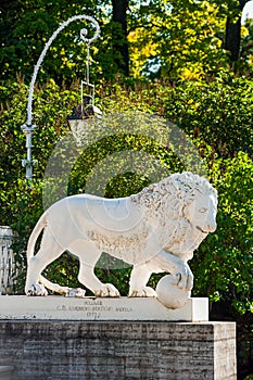 Sculpture of lion in front of Yelagin Palace, St Petersburg, Russia