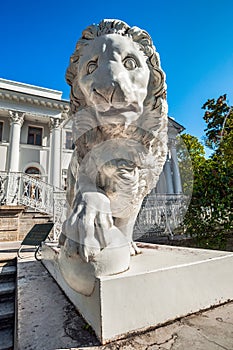 Sculpture of lion in front of Yelagin Palace, St Petersburg, Russia