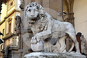 Sculpture of lion, Loggia dei Lanzi, Florence, Italy photo