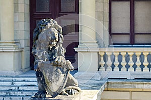 A sculpture of a lion with a shield at the entrance to the museum. Konigsberg Stock