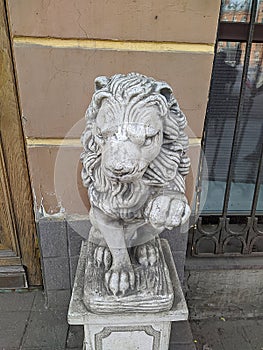 sculpture of a lion on the street of Saint Petersburg Russia.