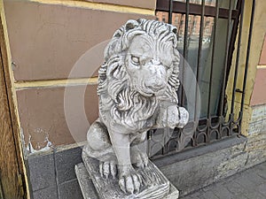 sculpture of a lion on the street of Saint Petersburg Russia.