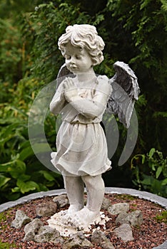 Sculpture of a little angel in the rain in the garden of the convent.