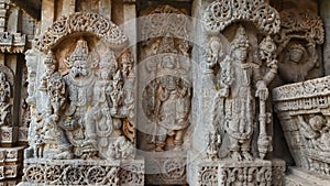 Sculpture of Lord Sri Lakshimi Narasimha Swamy and Lord Vishnu on the wall of Lakshminarsimha Temple, Javagal, Hassan, Karnataka