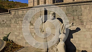 Sculpture of medieval Armenian linguist Mesrop Mashtots in Armenia, tourism