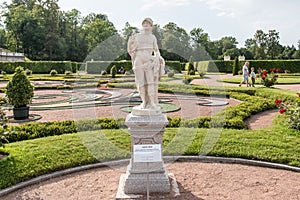 The sculpture `Mercury` in the lower park of the Grand Menshikov Palace in Oranienbaum