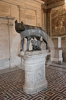 Sculpture of a mother-wolf feeding Romulus and Remus, Rome, Ital