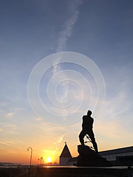 Sculpture of Musa Jalil in Kazan, Russia. Silhouette at sunset