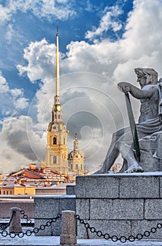 Sculpture near Rostral Column and The Peter and Paul Fortress