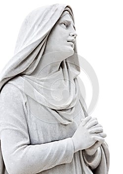 Sculpture ofsad woman praying isolated on white