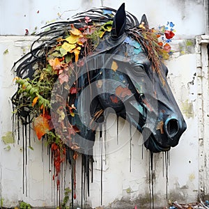 Sculpture and painting street art of side angle a black horse head full of colorful colors and covered with leaves and grass.