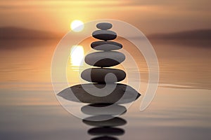 A sculpture with pebbles in a calm lake and a small meditating zen buddha figure. Ai generated