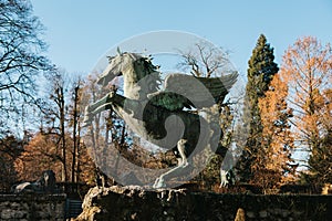 Sculpture of Pegasus at the Fountain of Pegasus in the gardens of Mirabel in Salzburg in Austria. Europe.