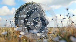 A sculpture of a persons head stands prominently in the center of a vast field under sky, AI Generative