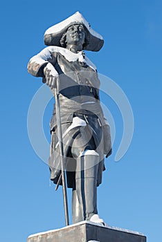 The sculpture of the russian emperor Paul I, closeup of sunny February day. The monument at the Pavlovsk Palace