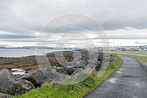 Sculpture and Shore Walk at cloudy day at Seltjarnarnes, Iceland