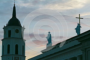 Sculpture silhouettes of Saint Helena and Saint Casimir on Cathedral Basilica of St. Stanislaus and St. Ladislaus roof