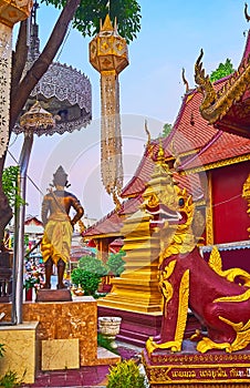 The Singha lion sculpture and Lanna lanterns, Silver Temple, Chiang Mai, Thailand