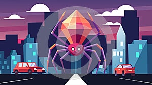 A sculpture of a small spider adorned with jewels and towering over a cityscape with cars and buildings seen scurrying