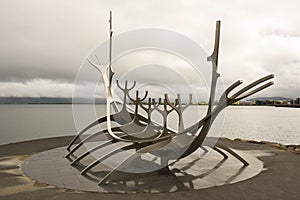 Sculpture of Solfar or Sun Voyager by the sea in the center of Reykjavik, Iceland