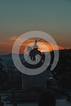 Sculpture of St Longinus at sunset in famous sanctuary Bom Jesus do Monte in Braga city in Portugal