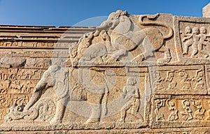 Sculpture on stone as stairway side at Royal Enclosure, Hampi, Karnataka, India