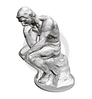 Sculpture Thinker. 3D. Statue of a seated man leaning his hand to his face. Vector illustration