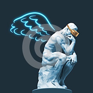 Sculpture of a thinker with VR glasses and painted wings behind his back