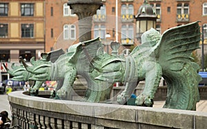 Sculpture of three dragons at town hall in Copenhagen