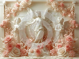 Sculpture of Two Angels Surrounded by Roses. Generative AI.