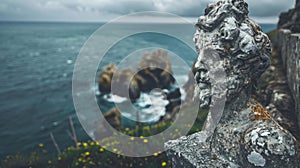 Sculpture of a woman gazing at the ocean in a natural landscape AIG50