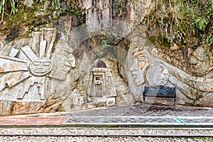 Sculptured art on the rock in Aguas Caliente, Peru