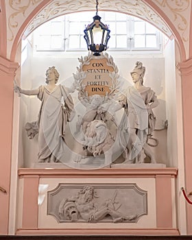 Sculptured group with motto of Emperor Charles VI, inside the Melk Abbey