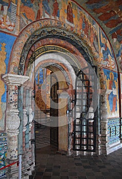 Sculptured painted doorway in an ancient orthodox cathedral