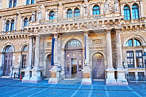 The sculptured stone porch of Corvinus University, Budapest, Hungary