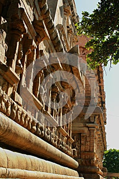 Sculptured stone wall of the ancient Brihadisvara Temple in the gangaikonda cholapuram, india.