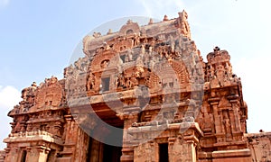 A sculptured tower-gopura- of the Brihadisvara Temple in Thanjavur, india.