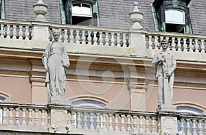 Sculptures above the main entrance to the Szechenyi National Library. Buda fortress. Budapest. Hungary