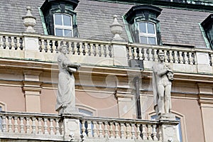 Sculptures above the main entrance to the Szechenyi National Library. Buda fortress. Budapest. Hungary