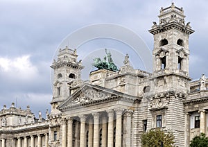 Sculptures atop Budapest`s Museum of Ethnography