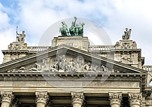 Sculptures atop Budapest`s Museum of Ethnography