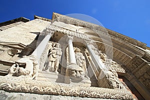 Sculptures and columns of the cathedral of Arles